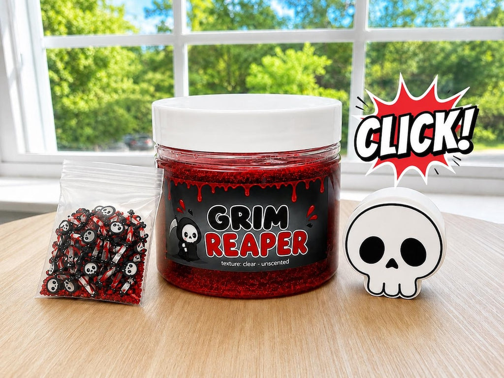 Grim Reaper clear slime jar with skull charm and fimo pieces