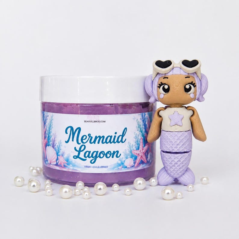 Mermaid Lagoon purple butter slime jar with articulated mermaid charm