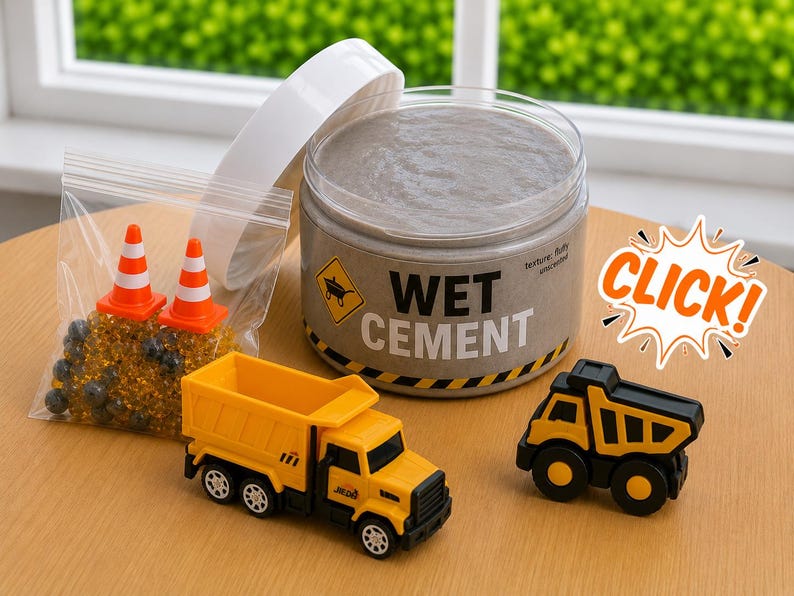 Wet Cement slime jar with dump truck and traffic cone mix-ins