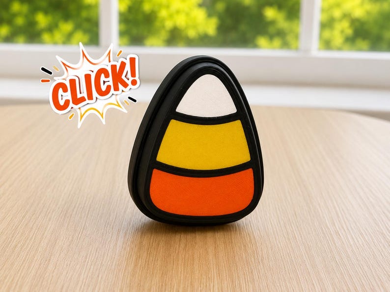 3D printed candy corn clicker charm, close up