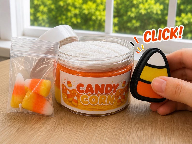 Candy Corn layered cloud slime jar with candy corn charms and a 3D printed clicker