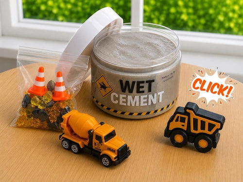 Wet Cement gray fluffy slime jar with traffic cones and cement mixer truck