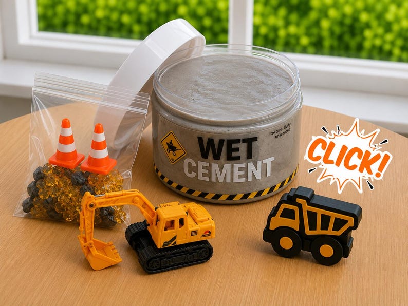 Wet Cement slime jar with excavator toy truck and traffic cones
