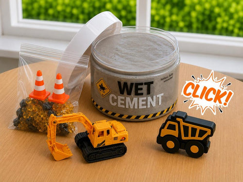 Wet Cement slime jar with excavator toy truck and traffic cones