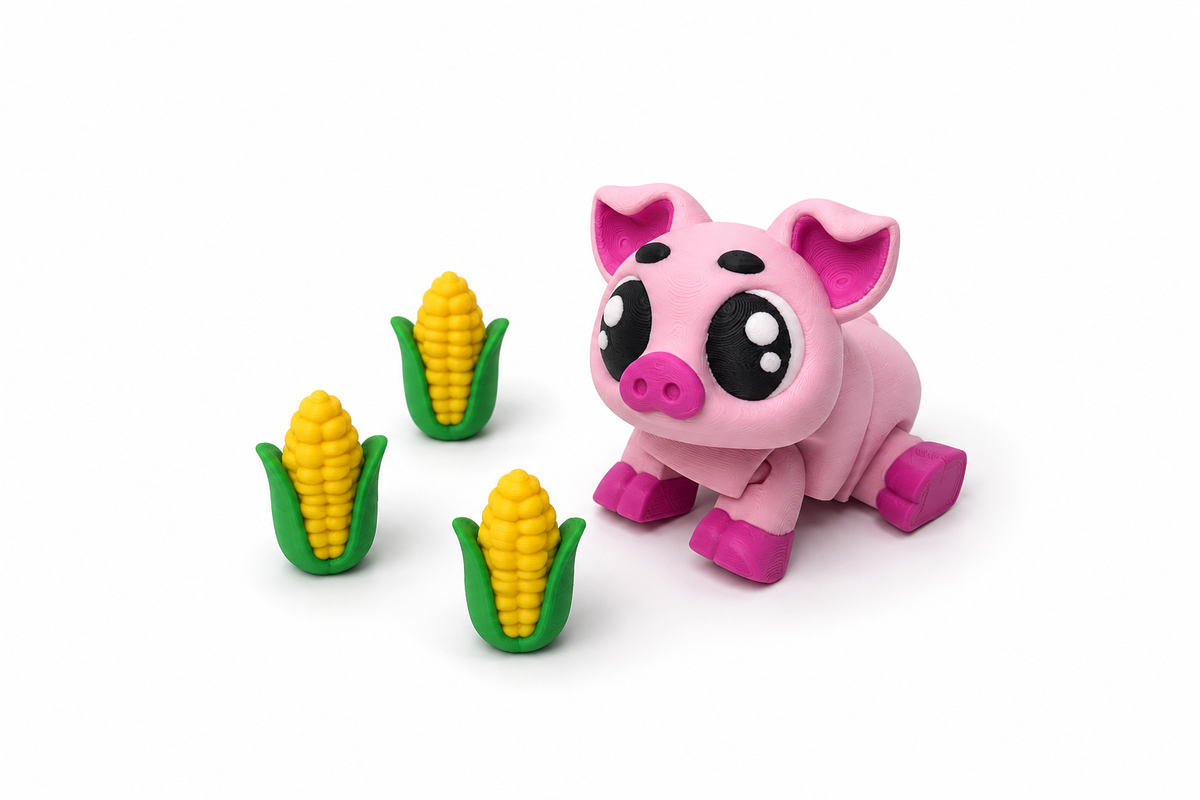 Flexi pig figure with three 3D printed corn pieces
