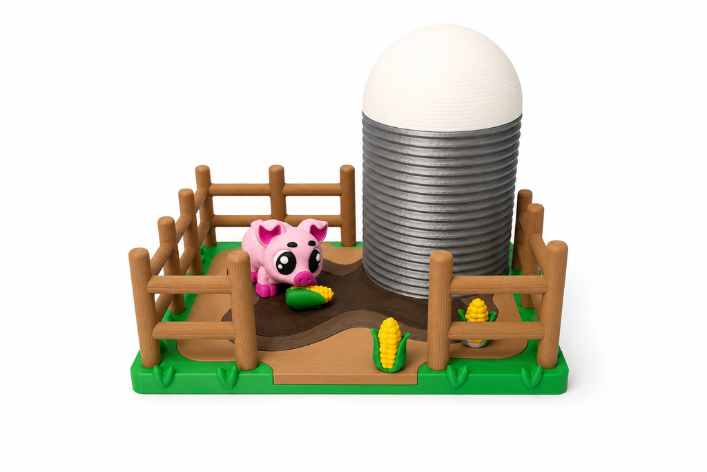 Pig Pen Farm 3D Printed Pretend Play Set — fenced pen with muddy ground, silo, flexi pig and corn pieces