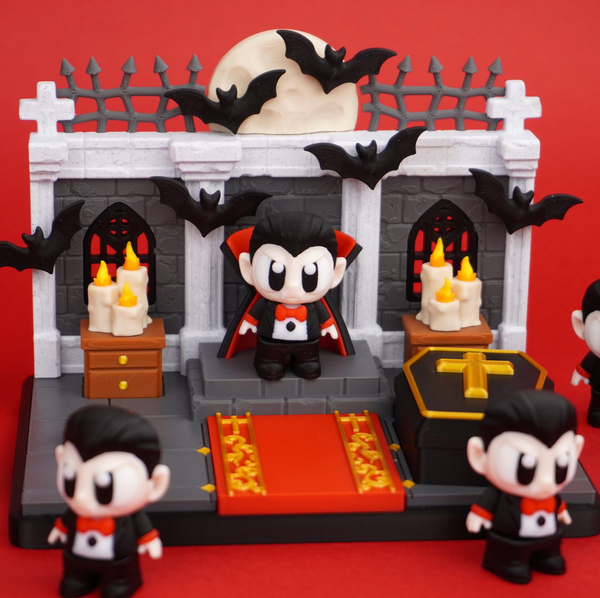 Vampire Castle playset with coffin, candles, and red carpet