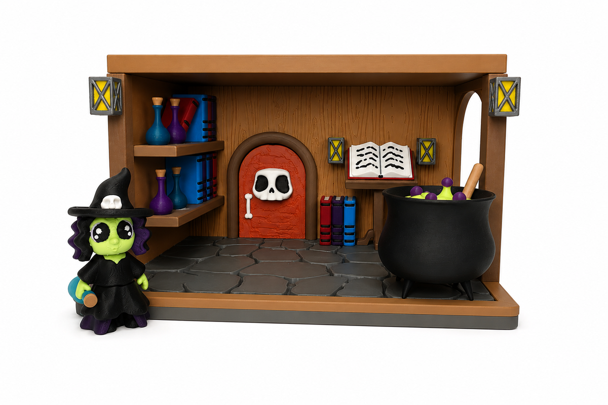 Witch Cottage 3D Printed Pretend Play Set — cottage with cauldron, potion shelves, spell book, lanterns and skull door, with witch figure